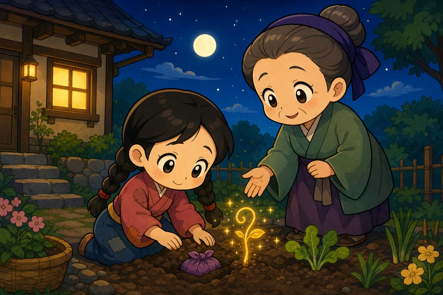 月光下的屋门前，智慧妇人温柔指引两只眼埋下一只包好的小纪念包，土中冒出金色嫩芽；人物为2-3头身大头卡通，粗黑赛璐珞线条、暖亮平涂，背景为简约非水彩日式故事绘本风。