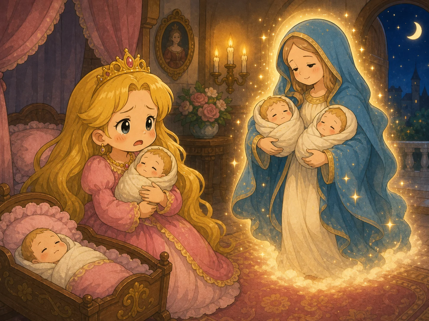 大头王后在育婴房里哭泣，圣母温柔地带走两个婴儿。