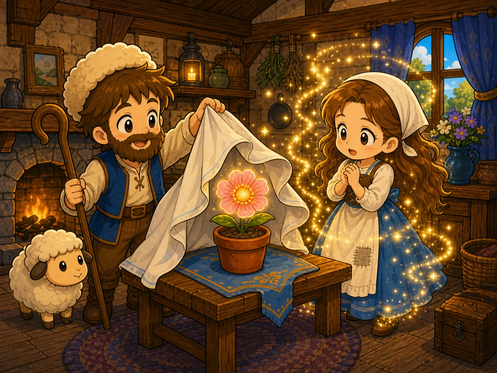 牧羊人用白布盖住发光花朵，忠诚的少女在温暖星光中显现。