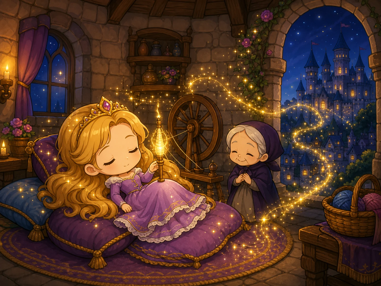 塔楼小屋里，公主安全地睡在发光纺锤旁，金色睡眠星光飘向整座沉睡的城堡。