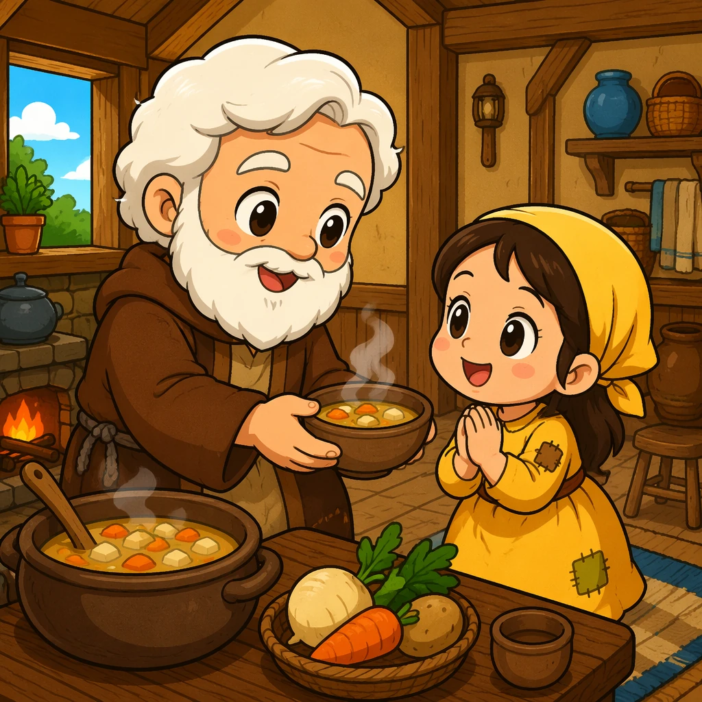 白胡子大头圣约瑟在温暖小屋中与感恩的小女孩分享根菜汤。