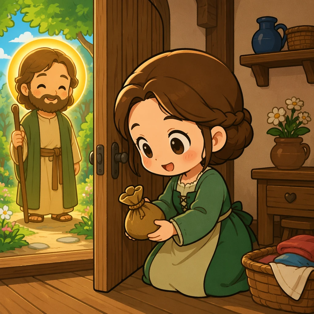二女儿分享了朴素的饭食后，在小屋门后发现一个小钱袋。