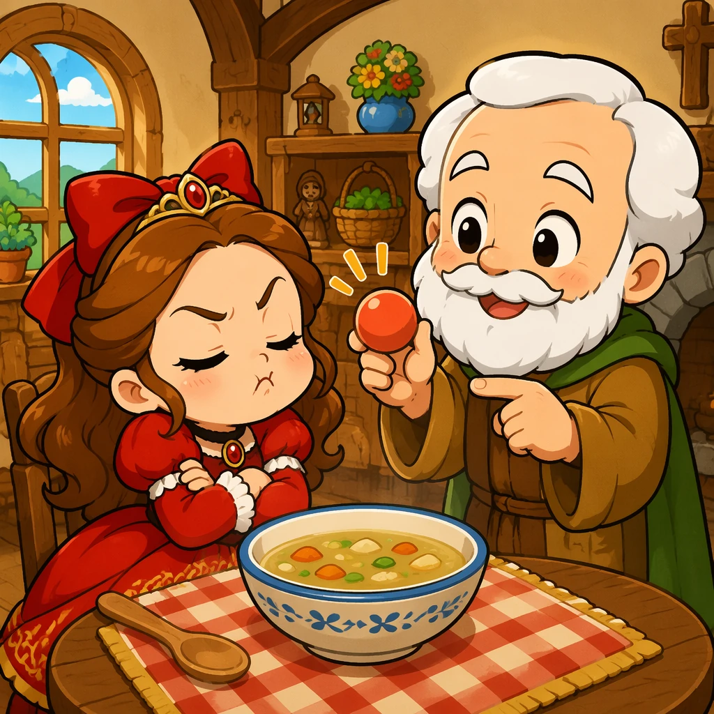无礼的大女儿对汤碗摆出自私表情，随后在安全滑稽的小屋场景中得到圣约瑟给的可拆卸搞笑假鼻子。