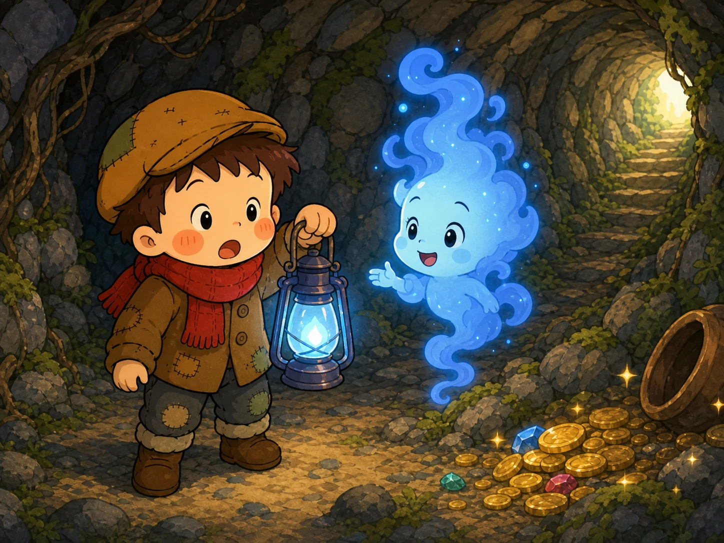 蓝色烟雾在苔藓地道里化作深蓝烟雾小魔法助手，士兵举着发光蓝灯站在一旁。