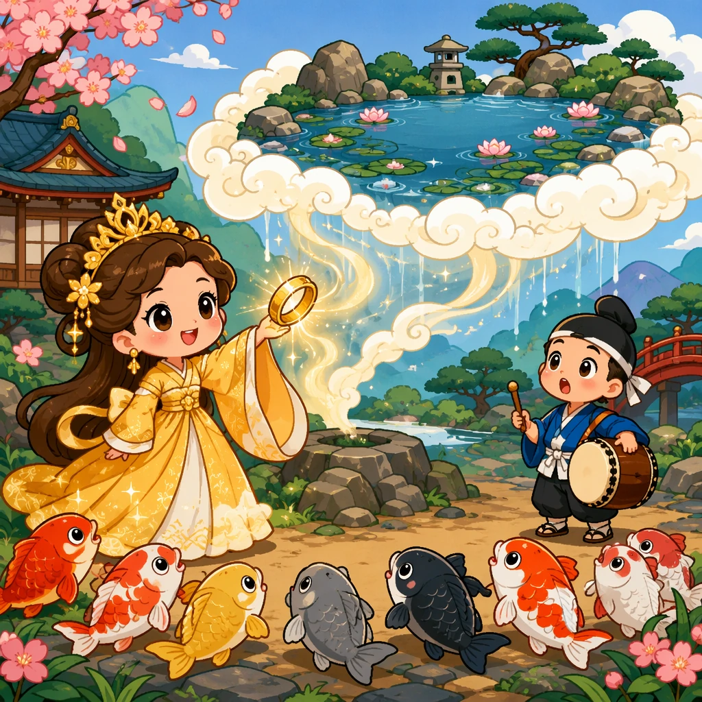 善良的大头公主转动发光如意戒指，池水化作云雾升起，鱼儿安全地排在岸边。