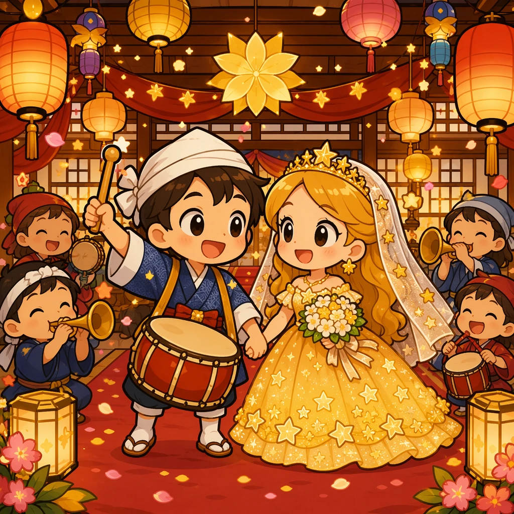 鼓手认出穿星光礼服的真正新娘，两位大头主角在鼓声和灯笼中庆祝幸福婚礼。