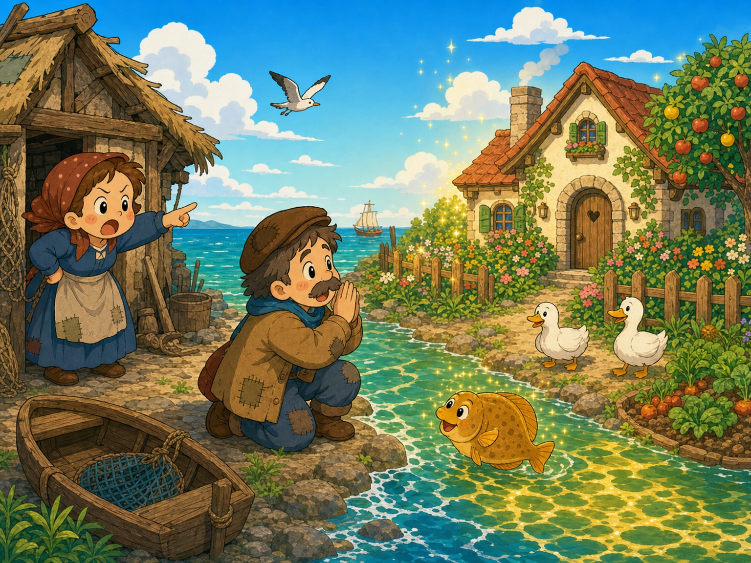 妻子从破旧小屋前指向海边,一幢温暖小别墅在绿黄色海水旁出现。
