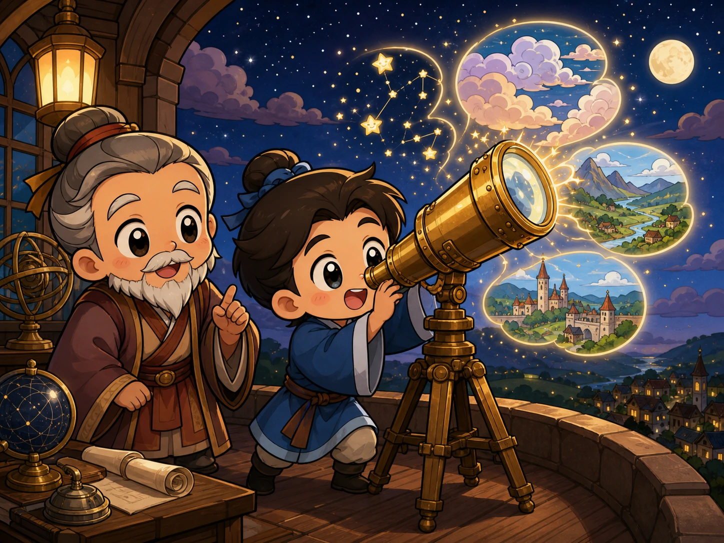 二哥睁着夸张惊喜的大眼睛，通过明亮铜望远镜观察星星、云朵和远处小景。
