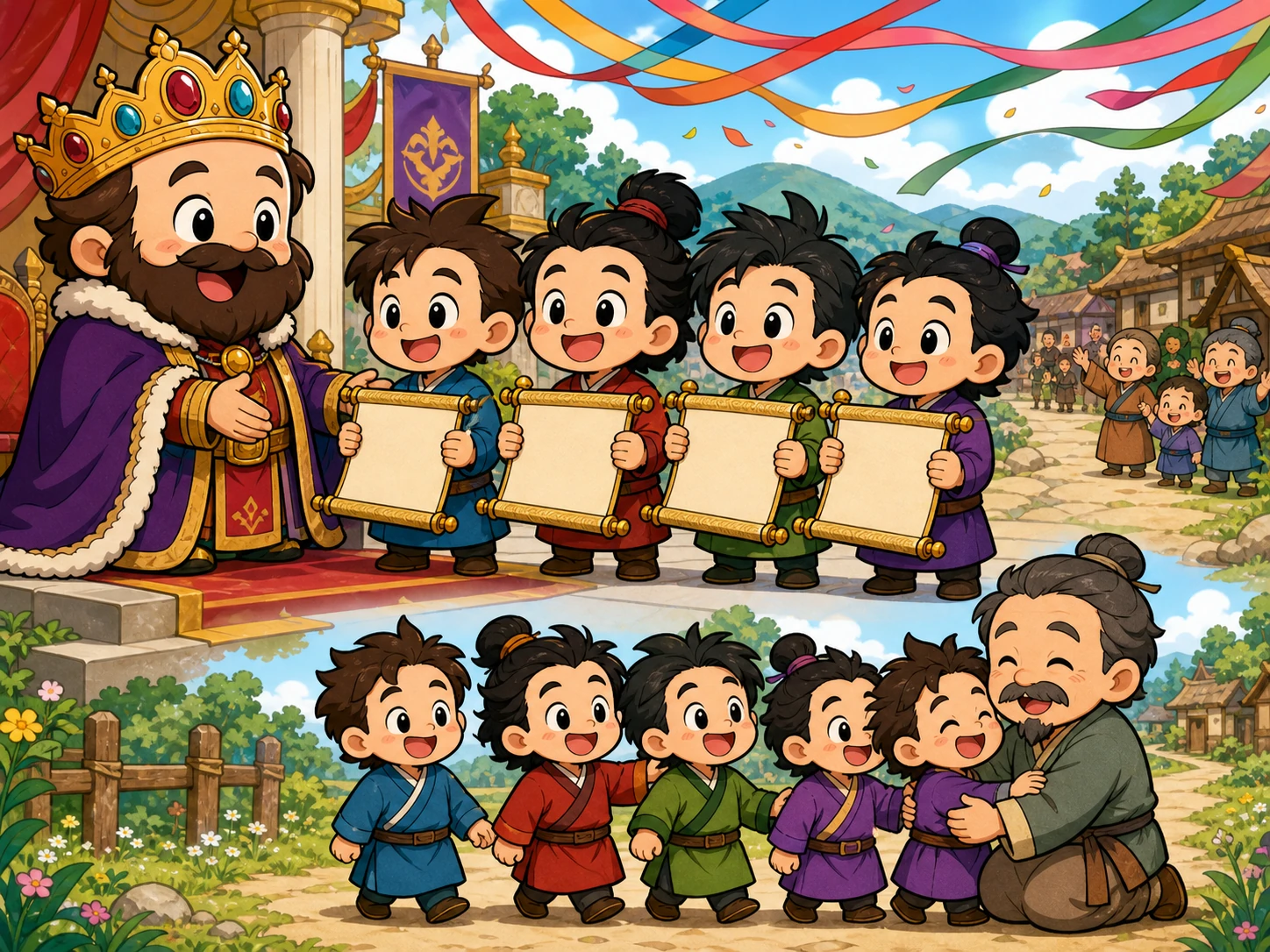 国王拿出四卷明亮土地奖赏卷轴，兄弟们在节日彩带下回到父亲身边，开心微笑。