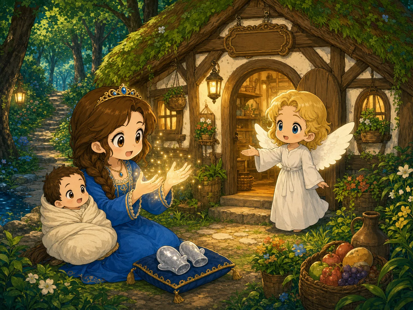 友善的森林小屋里，天使守护着王后、孩子和双手复原的奇迹。