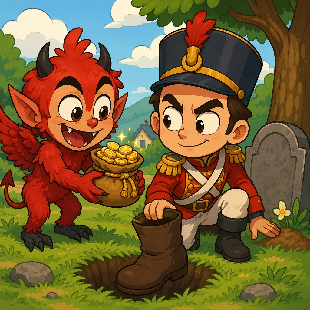 滑稽的红羽魔鬼递出金币，士兵悄悄把无底靴口对准草丛里的洞；2-3头身大头卡通、夸张表情、粗黑赛璐珞线、明亮暖色平涂、简约日式故事背景，绝非水彩、无写实、无文字、无水印。