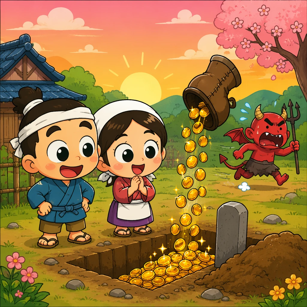 黎明时金币不断漏过机关靴，恼怒的魔鬼逃走，两位朋友迎来安宁未来；2-3头身大头卡通、夸张表情、粗黑赛璐珞线、明亮暖色平涂、简约日式故事背景，绝非水彩、无写实、无文字、无水印。