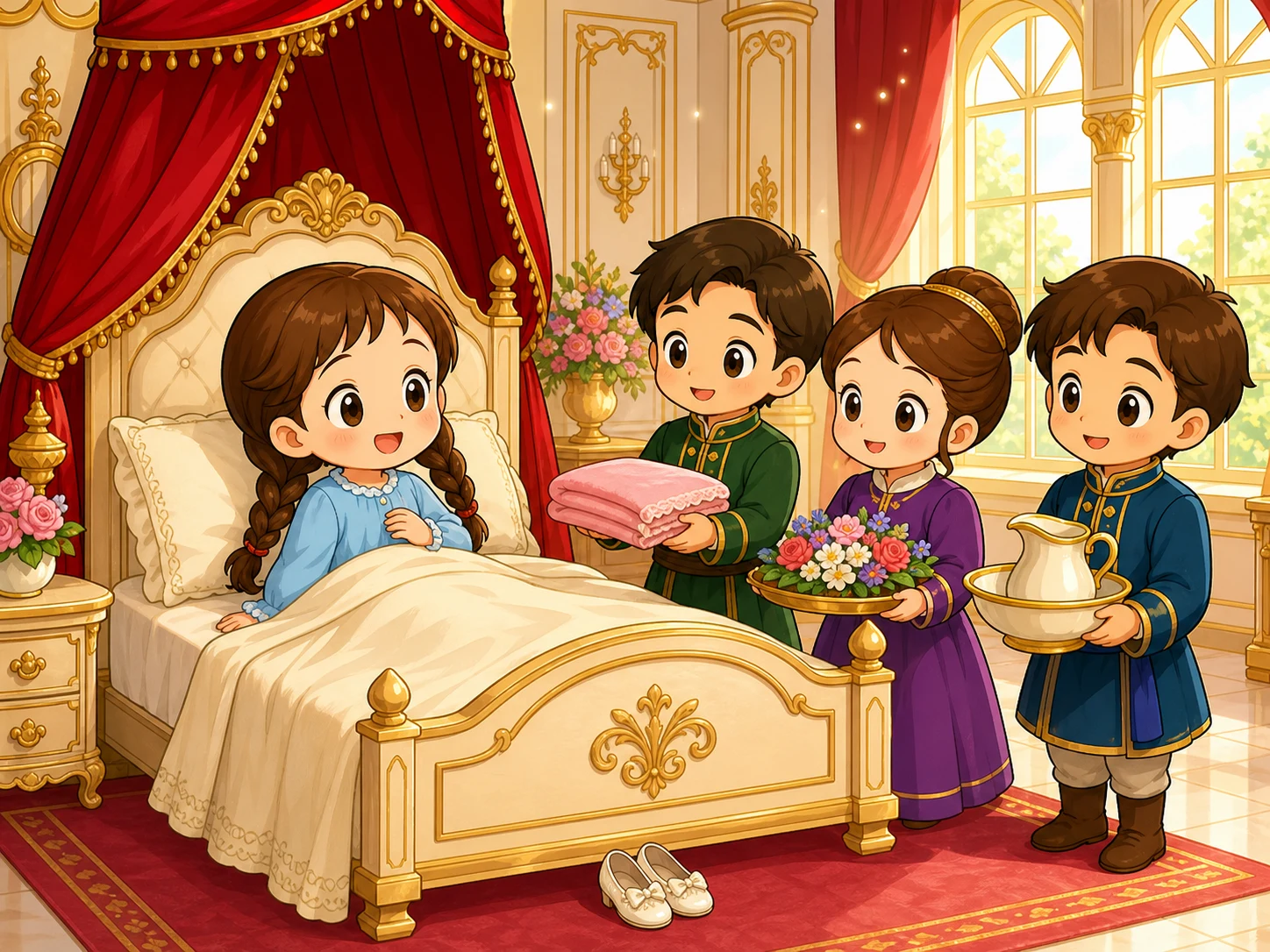 午夜魔法让森林小屋轻轻震动并变成闪亮宫殿；清晨阳光照出象牙床、红天鹅绒帷幔、珍珠鞋和三位礼貌侍从围着醒来的大头女孩，粗黑赛璐珞线条、宝石般明亮平涂、非水彩。