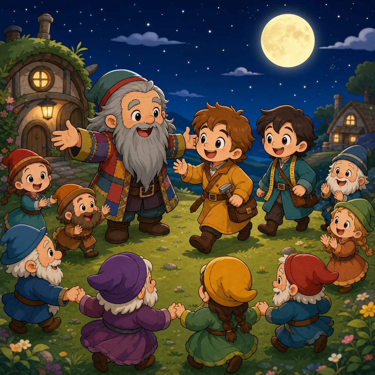 友善小人儿围成的舞圈打开，一位稍高、留花白长胡子、穿杂色外套的和蔼长者，欢迎青绿色外套裁缝和赭黄色外套金匠加入欢快舞蹈。所有角色都是2-3头身大头卡通，表情夸张愉快，粗黑赛璐珞线条、暖亮平涂、简约日式故事书夜间山丘，非水彩、无可读文字和水印。