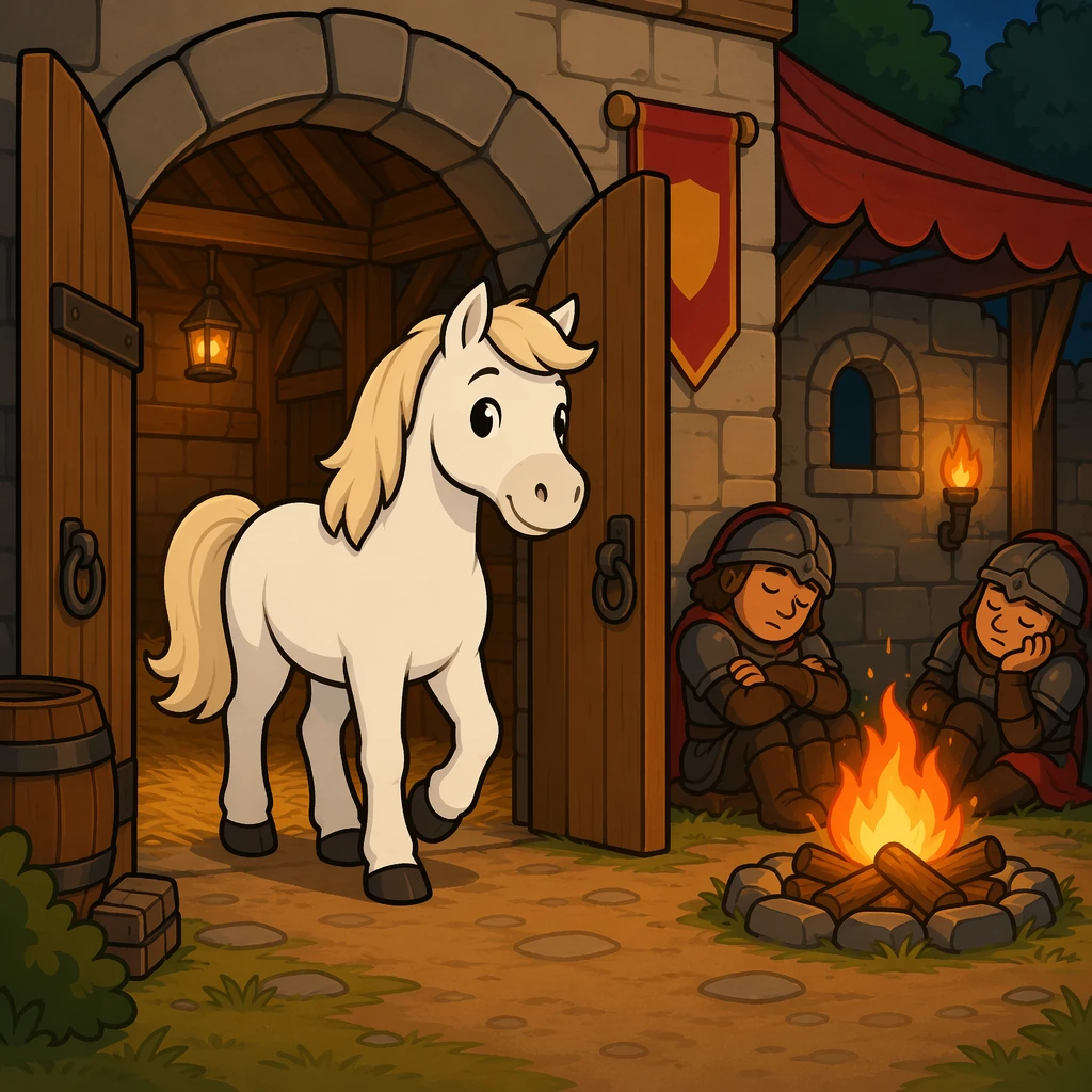 伪装神偷偷悄悄牵走马蹄包布的友善白马，守卫们安全又滑稽地打着盹。
