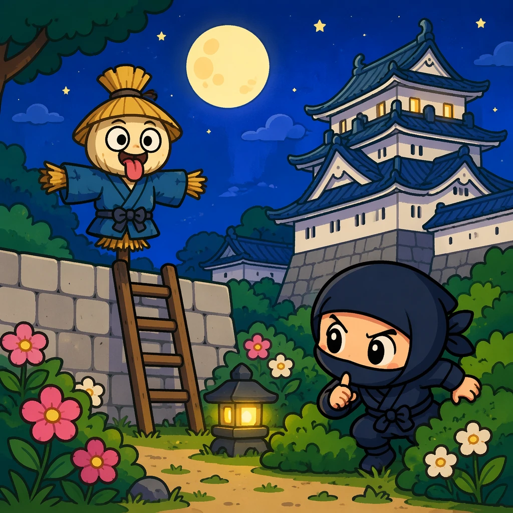 柔和月光下，神偷用滑稽稻草人道具引开伯爵到花园；画面不出现伤害或武器。