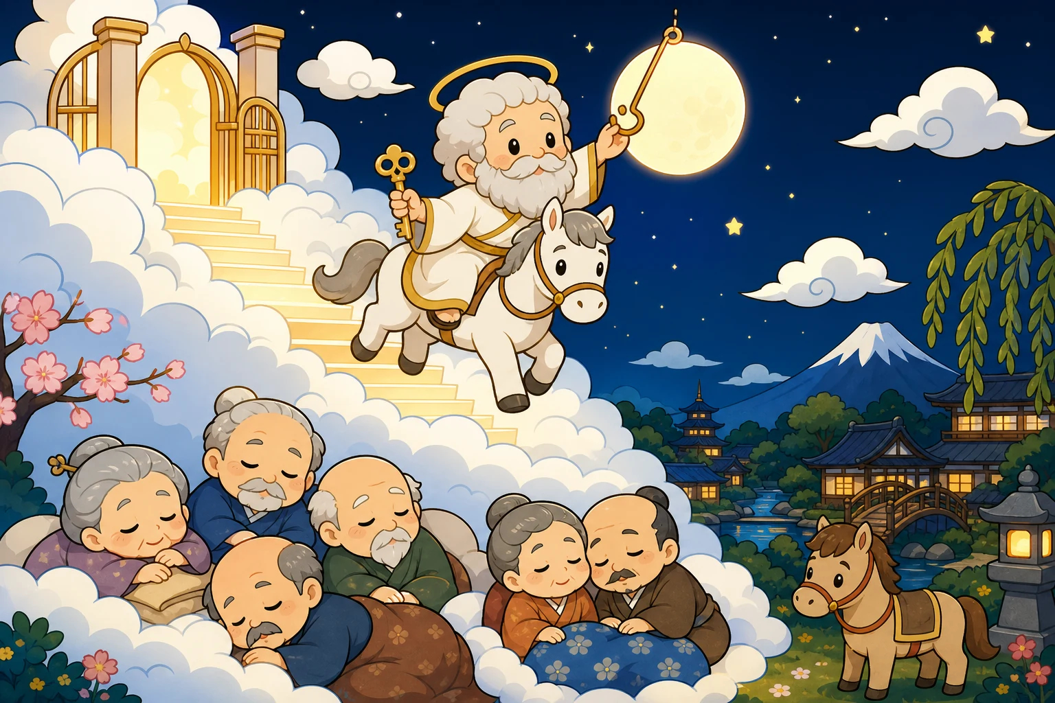 圣彼得被画成温和的2-3头身大头守门人，拿着小金钥匙，从明亮云门骑马下来，安抚困倦的祖先们回去休息，并把圆月稳稳挂到天空；画面粗黑线条、发光非水彩平涂。
