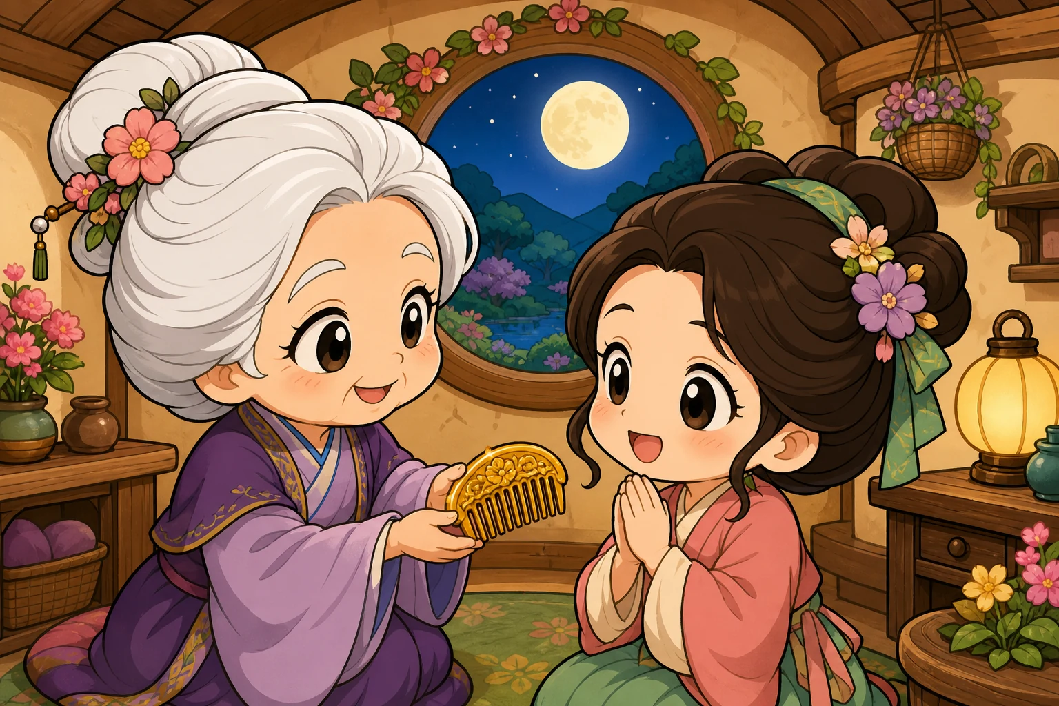 白发大头卡通智者在开满花的山间小屋里把金梳交给感激的年轻妻子，圆形窗景中可见满月与平静池塘；粗黑赛璐珞线、暖亮平涂、简约日式故事书背景，无文字、非水彩。