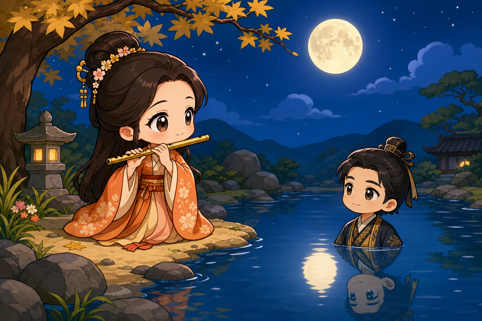 智者送出金笛后，大头卡通妻子在满月下吹奏，平静浪花让猎手上半身像发光倒影般安全显现；两人表情充满希望，粗黑赛璐珞线、暖亮平涂，无文字、非水彩。