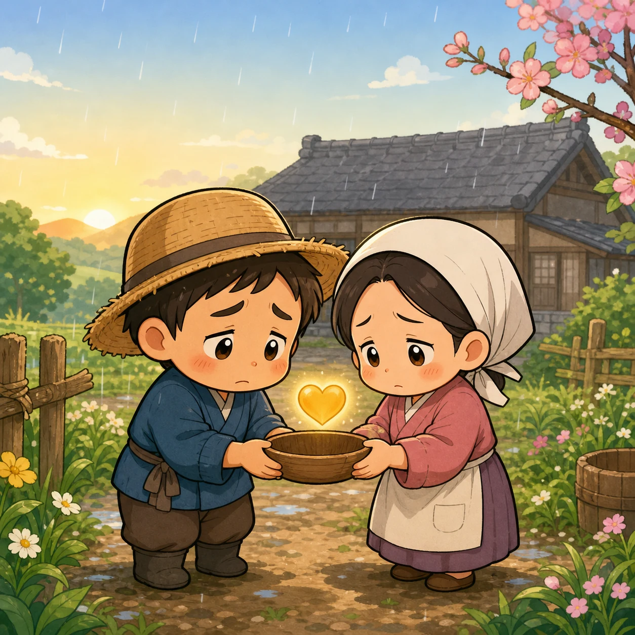 清晨，后悔的大头富人夫妇站在受损农舍外的细雨中，捧着小小空碗和发光的良心爱心符号；火灾只用远处灰色屋顶轮廓象征，不表现火焰、受伤或灾难细节，粗黑赛璐珞线条、明亮温暖平涂、简约日式故事书背景、非水彩、无文字。