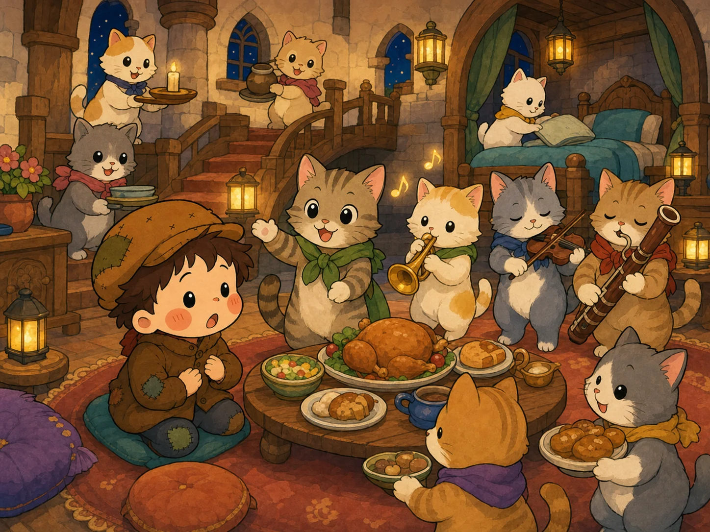 汉斯在魔法猫城堡里用餐，猫仆人们演奏乐曲、点起蜡烛。