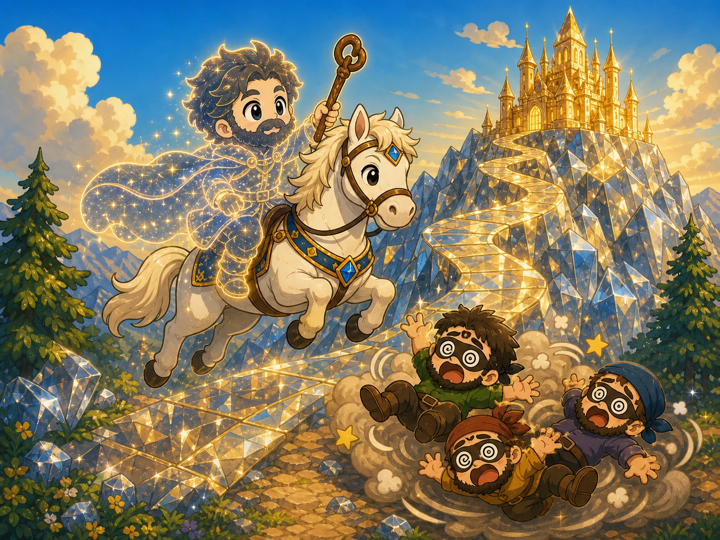 旅人披上星光斗篷骑着神马登上玻璃山，强盗们在无害的滑稽尘云里打转。