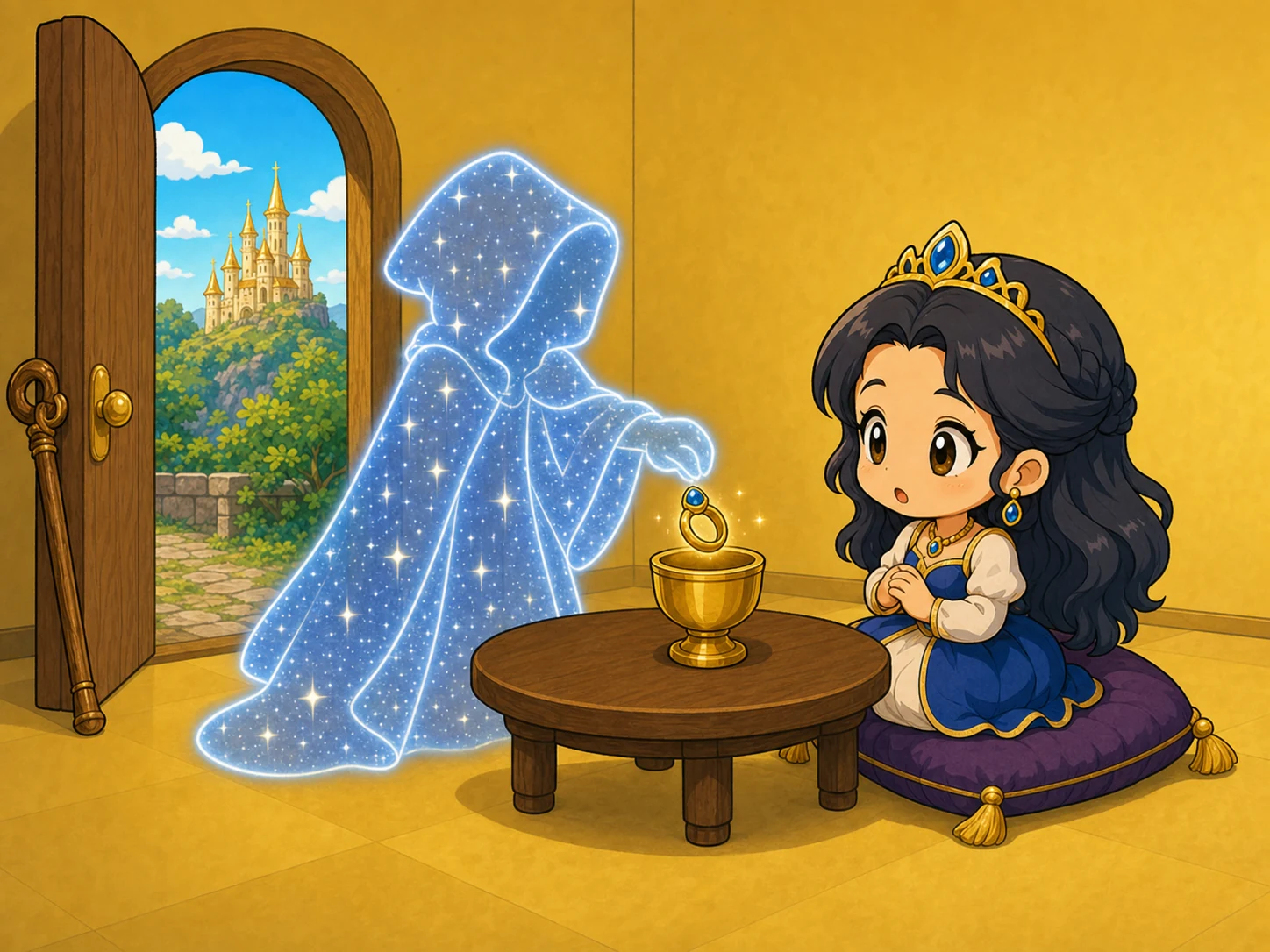 简洁的金色大厅里，半透明星光斗篷把公主的戒指投入金杯。