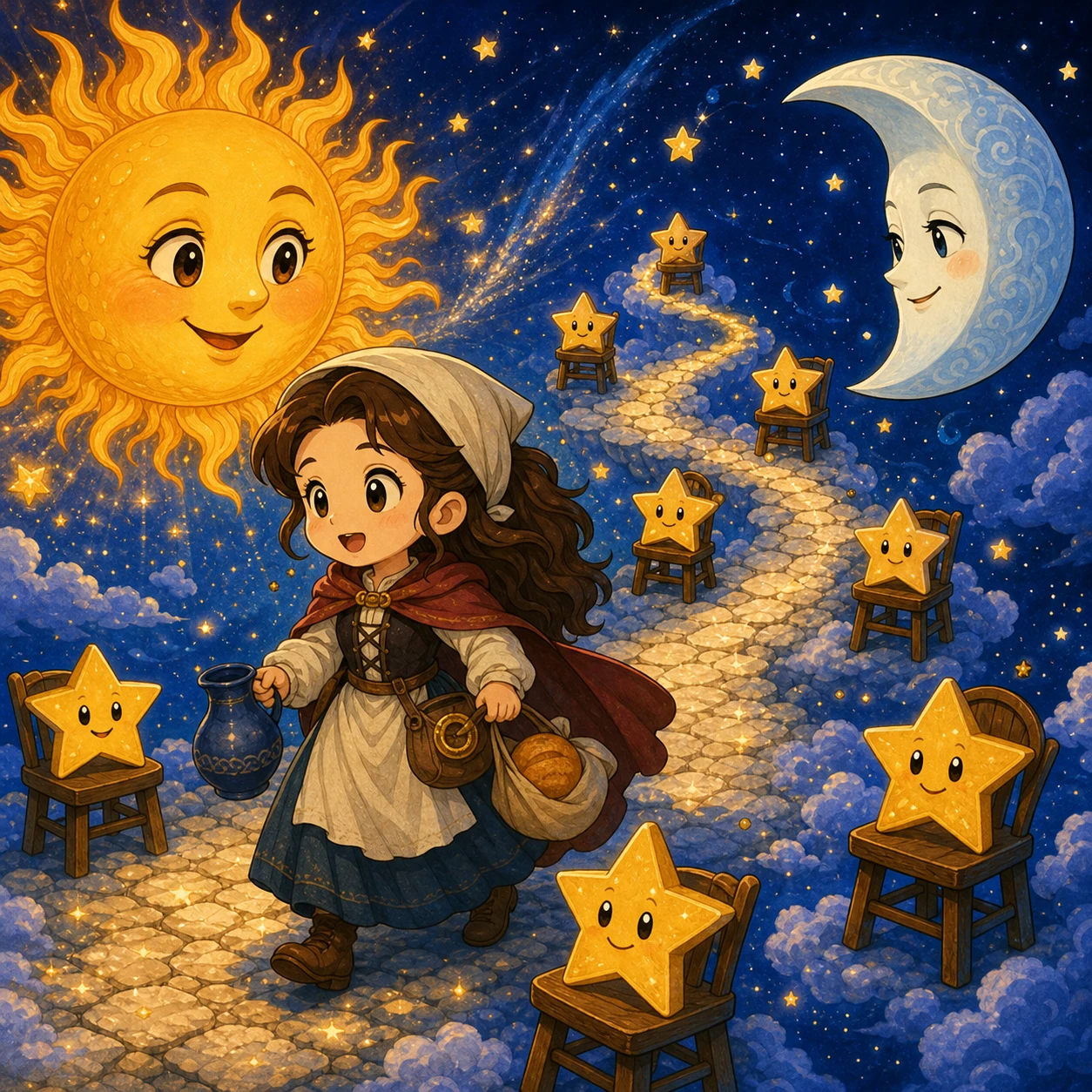 小旅人走过明亮的太阳、寒冷的月亮，以及坐在小椅子上的友善星星。