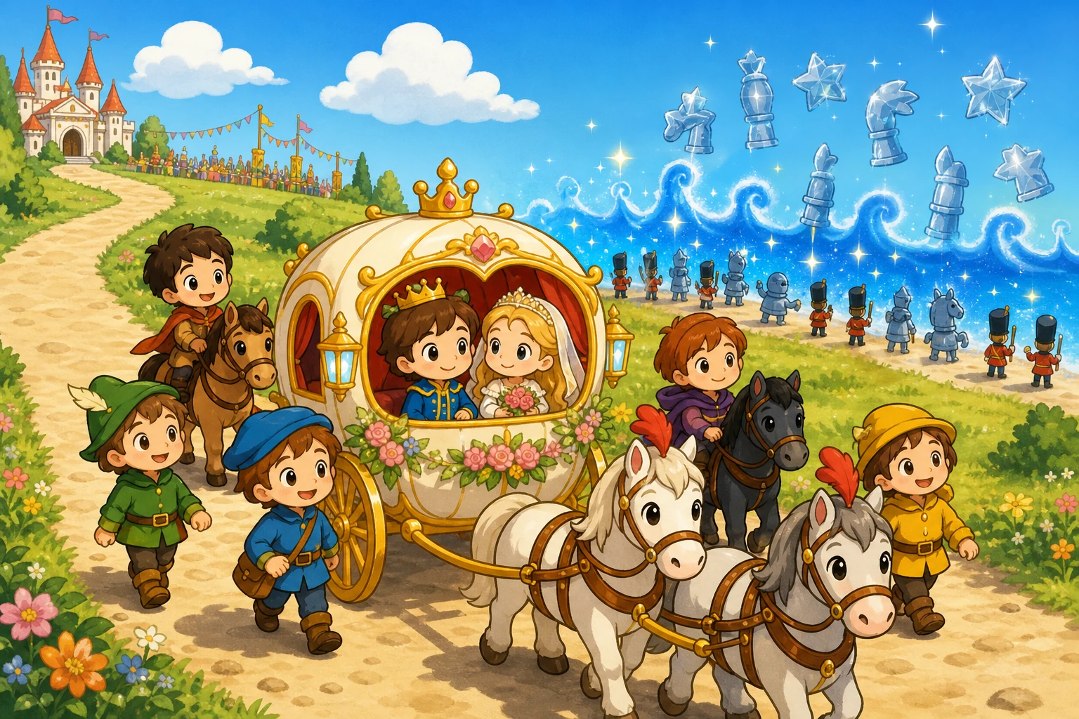 婚礼马车行过简洁阳光道路，远处纸片士兵停在魔法蓝海前，玩具盔甲化成玻璃星星。