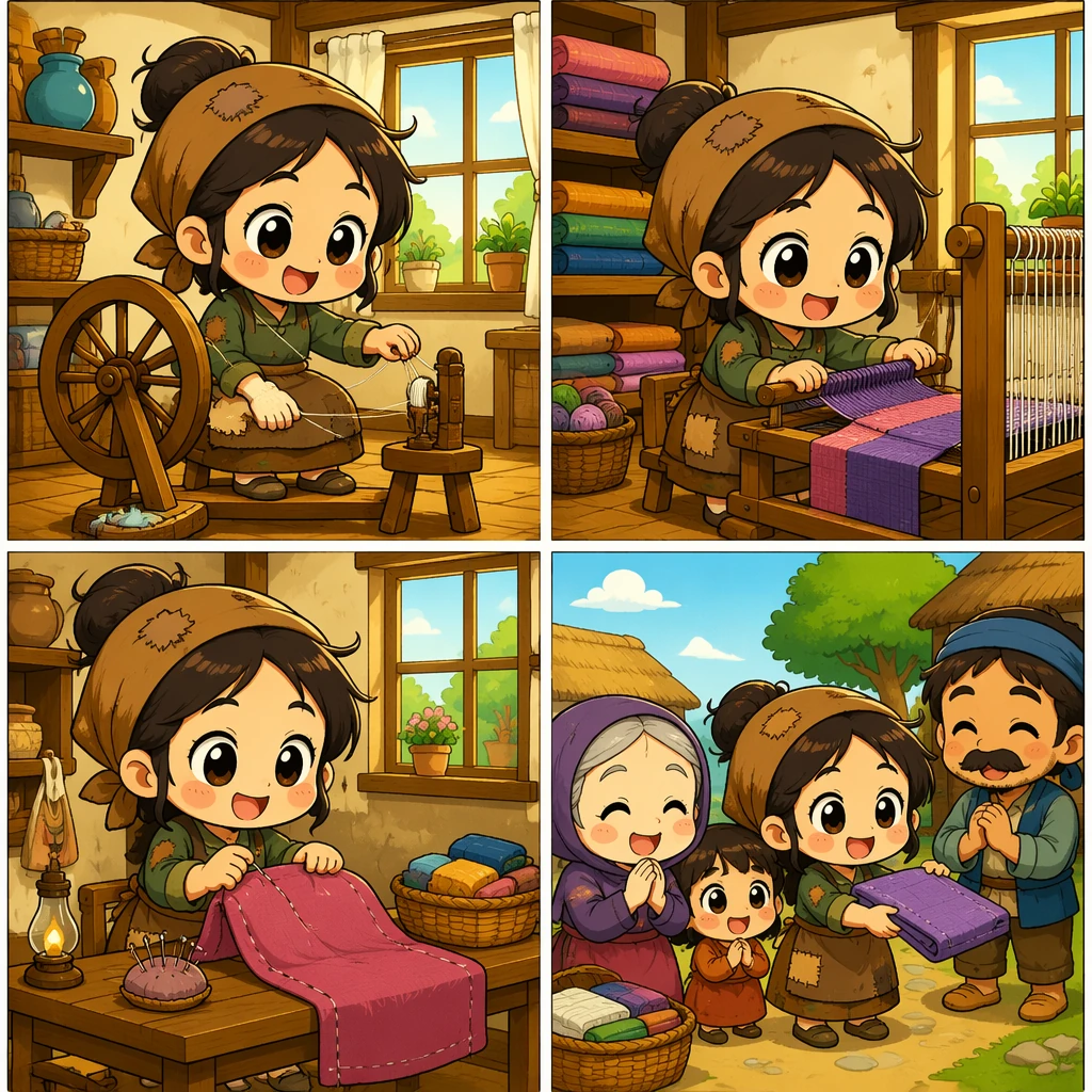 勤劳大头女孩在阳光小屋里纺纱织布缝衣，并把成品分享给感激的邻居；2-3头身大头卡通、夸张表情、粗黑赛璐珞线、明亮暖色平涂、简约日式故事背景，绝非水彩、无写实、无文字、无水印。