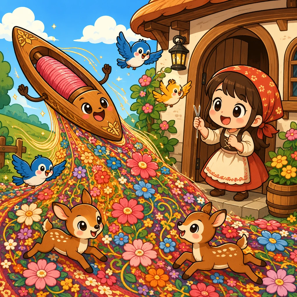 活泼梭子在小屋门前织出华丽花鸟地毯，女孩手持小针；2-3头身大头卡通、夸张表情、粗黑赛璐珞线、明亮暖色平涂、简约日式故事背景，绝非水彩、无写实、无文字、无水印。