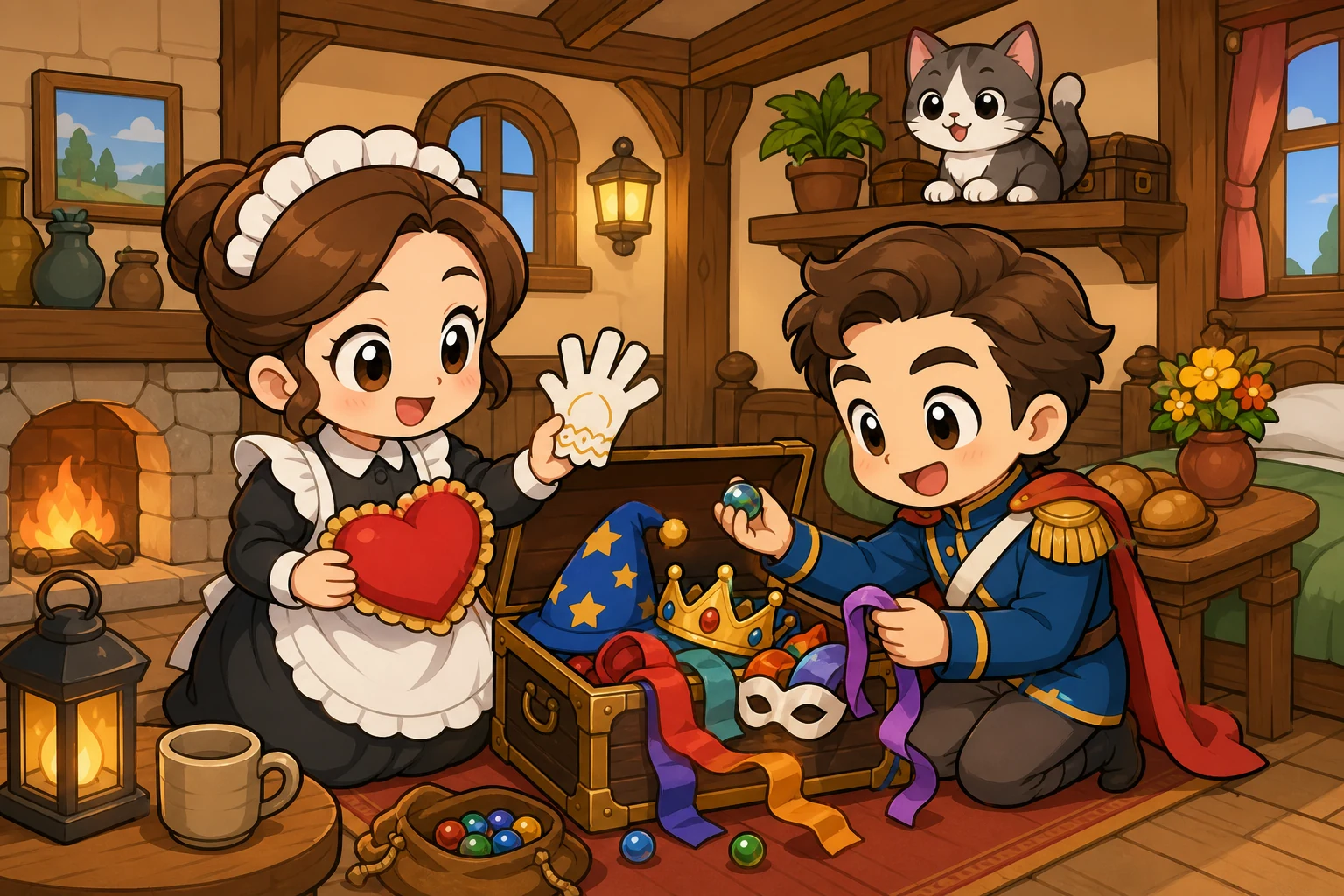 着急的女仆和帮忙的士兵从服装箱里找替代道具，猫安全地趴在架子上看着。