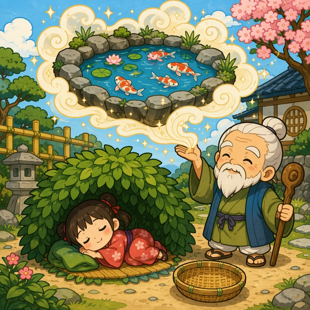 大头女孩在灌木下休息，魔法老婆婆让池水化作闪亮旋涡升起，旁边放着安全的漏勺。