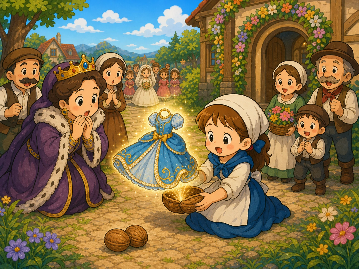 磨坊姑娘在花朵装饰的庆典大厅外打开胡桃，取出一件漂亮衣裙。