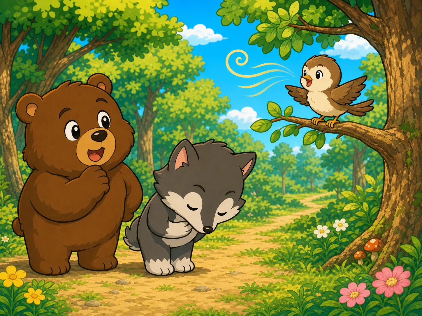 圆滚滚的熊和灰狼在阳光森林里听小山雀唱歌。