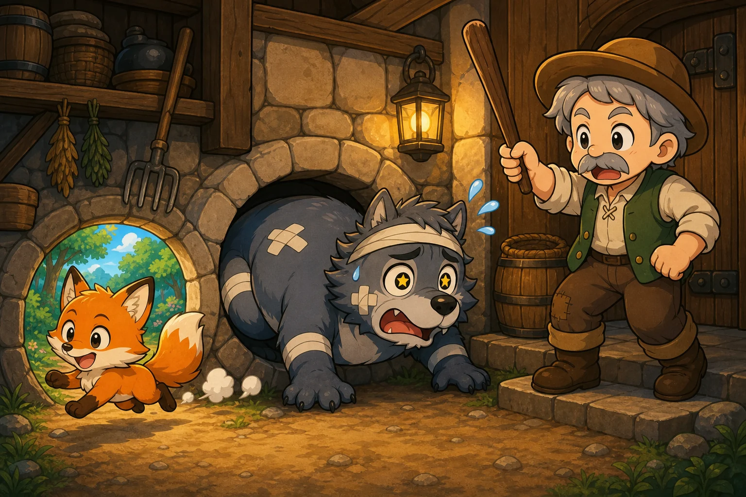 狐狸钻出洞口跑回森林，圆肚子的狼卡在地窖小洞里。