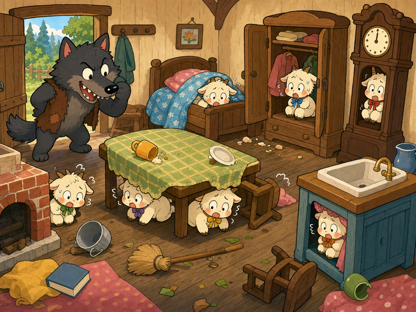 狼进屋搜找，小山羊们慌张地躲在屋子各处。